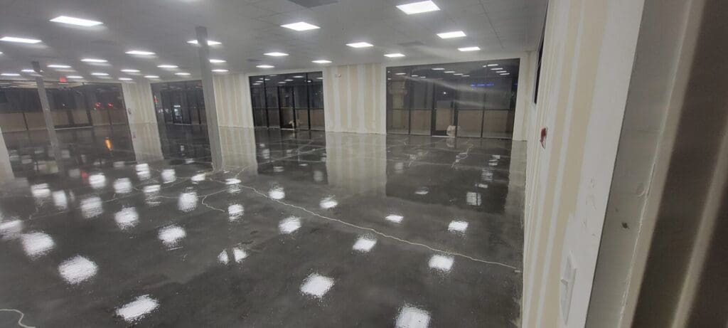 A large room with two floors and a floor that has been polished.