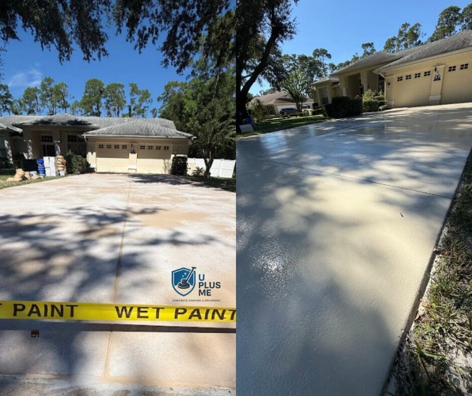 Before and after concrete resurfacing in Sarasota and Bradenton FL by U Plus Me LLC — driveway and pool deck restoration
