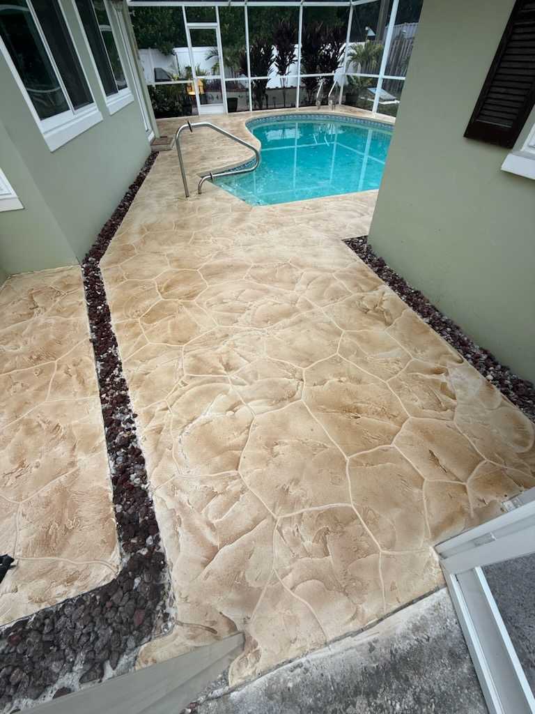 slip-resistant pool deck coating installed in Florida with decorative textured concrete resurfacing