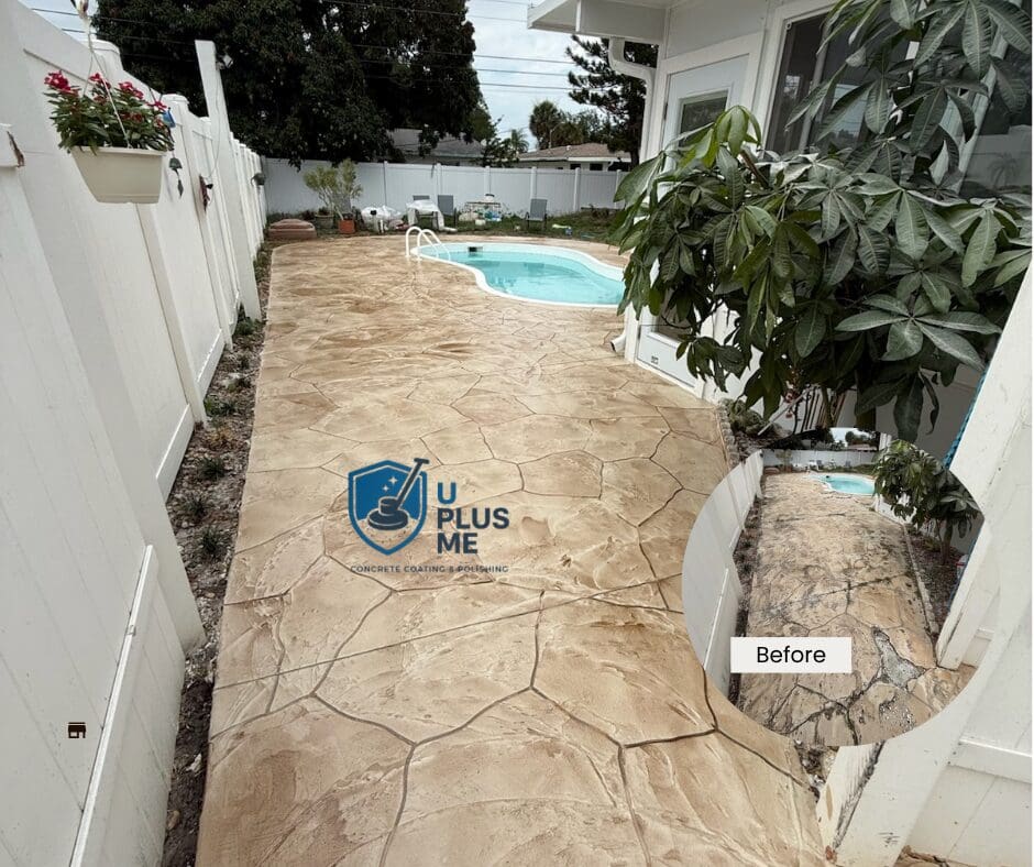 Decorative pool deck resurfacing project completed in Sarasota FL with textured concrete finish around residential swimming pool